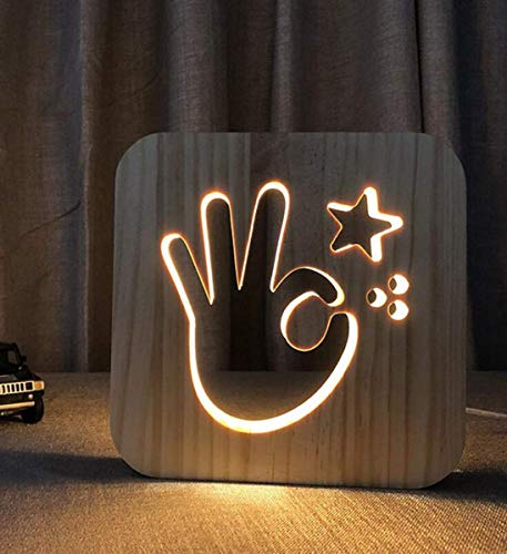 3D Holz Nachtlicht Kreativ Geschnitzt Ok Geste Led Schreibtischlampe Für Indoor Home Decor Kinder Schlafzimmer Kindergarten 7 5 Zoll