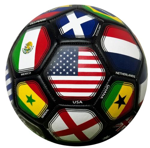 Icon Sports Black World Country Flags Soccer Ball - Size 4 & Size 5 Training & Match Ball Multi-Nation International Soccer Ball (#4)