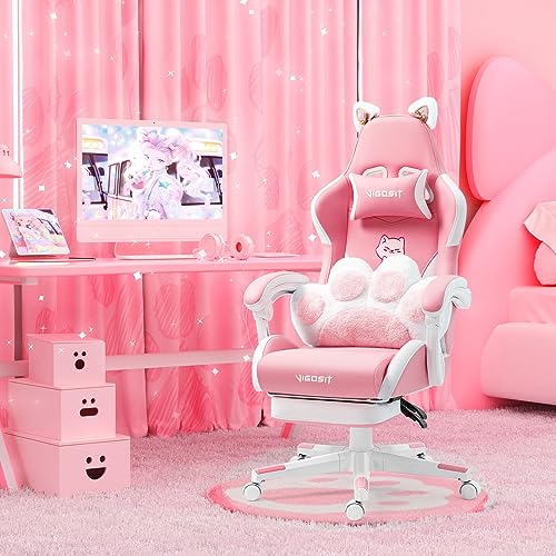 Image of Cute Cat Ears Gaming Chair with Paw Lumbar Cushion, High Back Computer Chair with Footrest, 360 Swivel Height Adjustable Recliner Game Chair for Girls, 300lbs (Pink)