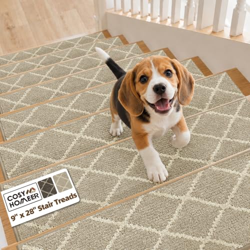 COSY HOMEER Stair Treads for Wooden Steps 9'x28', Non Slip Carpet Stair Treads, Peel and Stick Indoor Runners for Kids Elders and Dogs, 100% Polyester TPE Backing, 15pcs, Beige