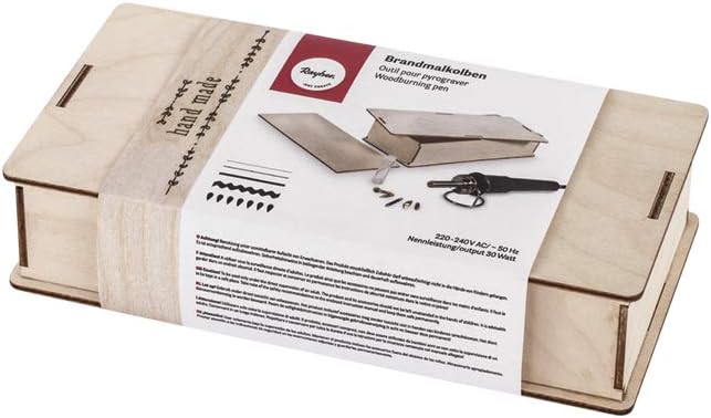 Rayher 89366000 Pirograbador de madera, cuero y corcho, Incluye estuche de madera, 5 puntas, soporte y pieza para practicar