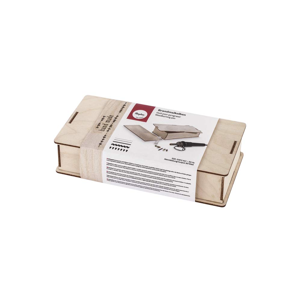 Rayher Brandmalkolben 89366000 in Holzbox – kompakt, 30 W, 500°C, 3–4 Min, inkl. 5 Aufsätze, Ablage, Testholz