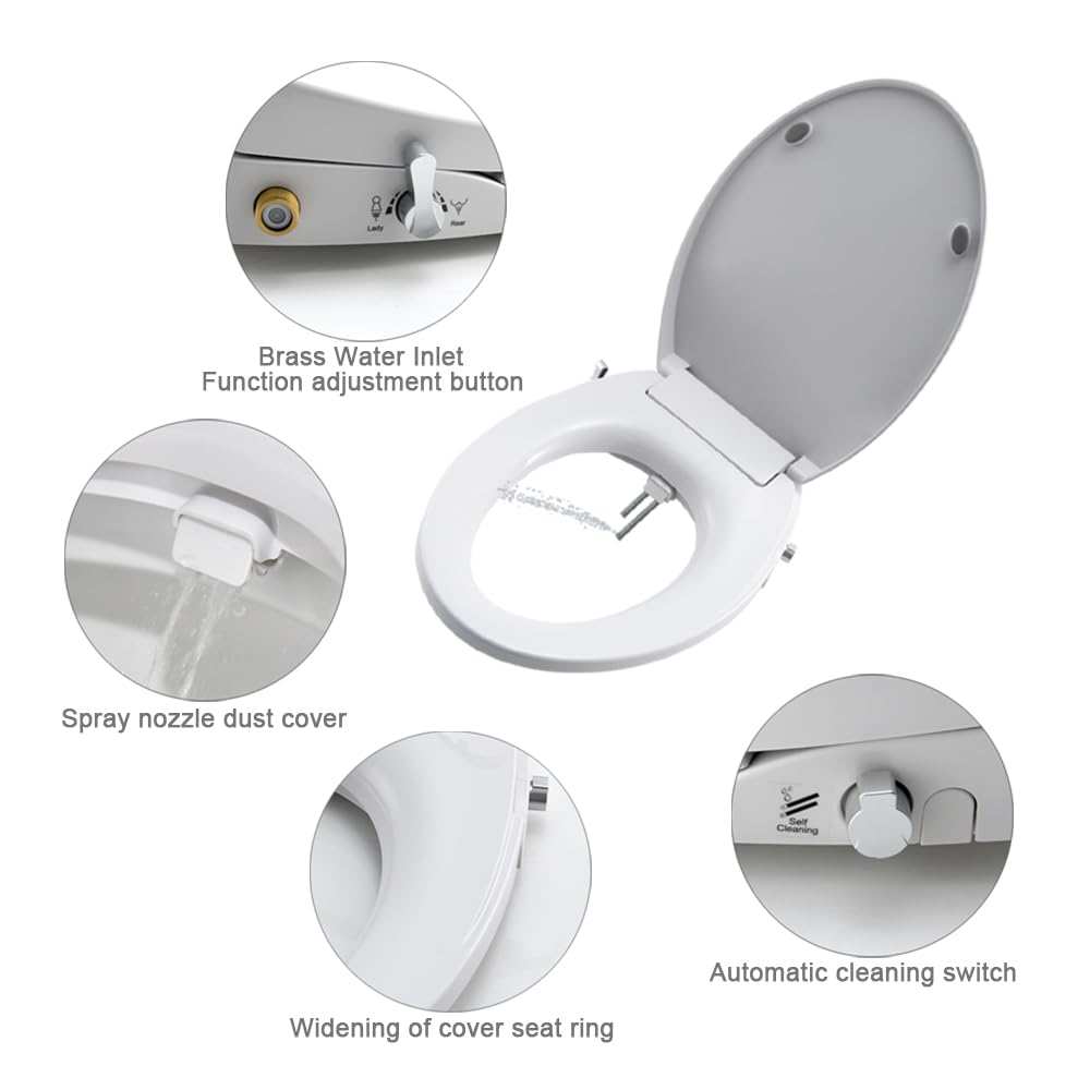 Sedili per bidet per WC non elettrici con doppi ugelli autopulenti, separati e femminili, spray d'acqua naturale, sedile WC chiuso morbido, facile installazione (rotondo