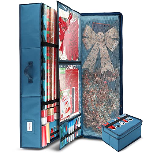 Image of Hearth & Harbor Wrapping Paper Storage Container - Christmas Storage Bag with Ribbon Dispenser and Interior Pockets - Gift Wrap Organizer Fits Up to 26 Rolls of 40 inch Length, Blue