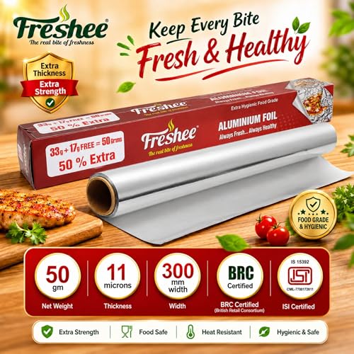 Image of Freshee 50gm Aluminium Silver Kitchen Foil Roll Paper Pack of 5|11 Micron Thick|Food wrap|Disposable Food Parcel|Fresh Food