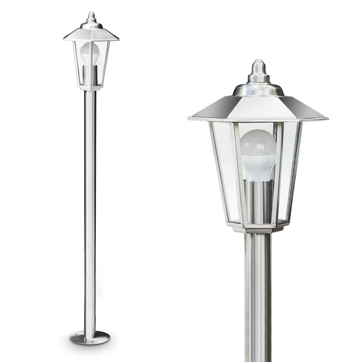 HOFSTEIN Außenleuchte Moskau, Außenstehleuchte aus Metall/Glas in Edelstahl gebürstet/Klar, Wegeleuchte im modernen Design für Garten, Außenbereich, Hof, Terrasse, 105 cm, E27, IP44