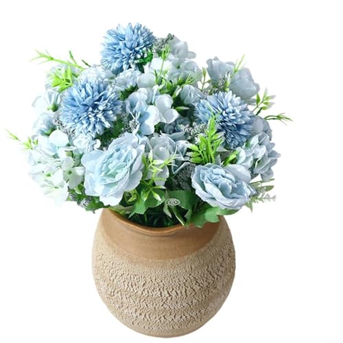 Alanmoship Paquete de 4 flores de seda de peonía y hortensia azul claro, arreglo floral artificial realista para bodas, decoración del hogar, centros de mesa, resistentes a los rayos UV, fácil