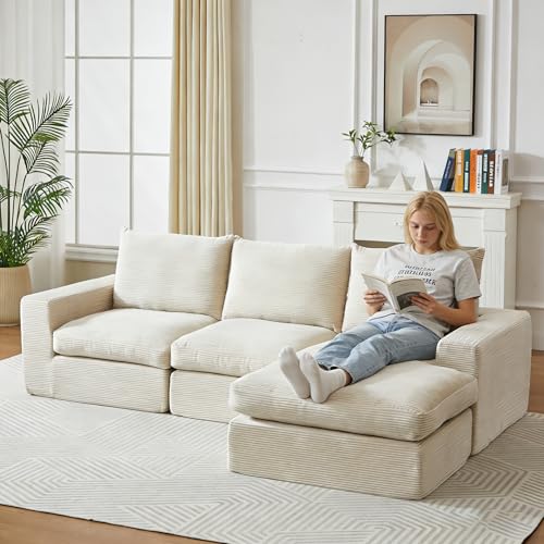 Yihomfy Canapé d'angle en Forme de L avec Fonction Couchage,Canape Dangle Convertible,251 cm Canapé modulaire avec Chaise Longue, Canapé-lit pour Salon (Light Beige)