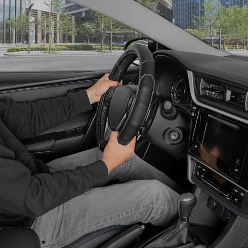 Image of Motor Trend GripDrive Faux Black Leather Steering Wheel Cover for Car Truck Van SUV, Small 14 inch Size, Beige Accent Stitched Car Steering Wheel Cover Vehicle & Auto Accessories