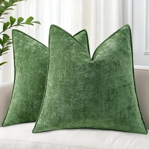 decorUhome Christmas Couch Throw Pillow Covers 20x20 Set of 2, Decorative Soft Euro Neutral Chenille Pillow Covers with Elegant Design for Sofa Bed Living Room Home Decor, Moss Green