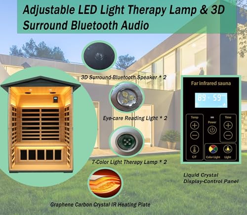 Image of LTCCDSS Carbonized Composite Wood Outdoor Sauna 2-Person - Low EMF Far Infrared Sauna for Home - Bluetooth Speakers, LED Reading Lamps, Chromotherapy Lights (57.8 * 40.5 * 81.1 inch)