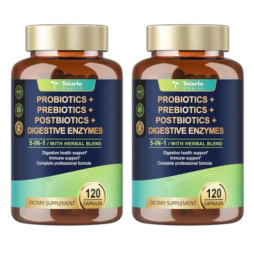 Totaria (2 Packs) 5-in-1 Probiotic Prebiotic & Postbiotic for Women Men 60 Billion CFU 24 Strains w/Digestive Enzymes Slippery Elm Daily Complete Gut Health Digestive & Immune Support