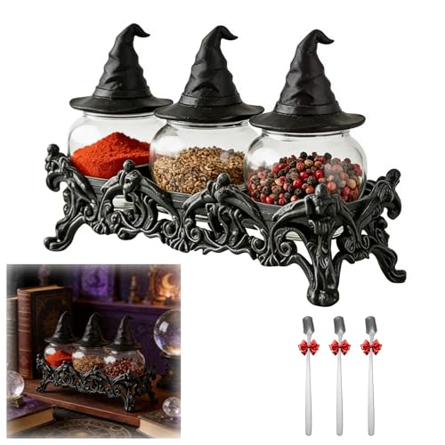 Générique Chapeau de sorcière, bocal d‘épices de hibou, avec support en résine, Gothique avec couvercles, les épices, le thé, les sels, Décoration de maison amusante (Chapeau de sorcière（3pcs）)