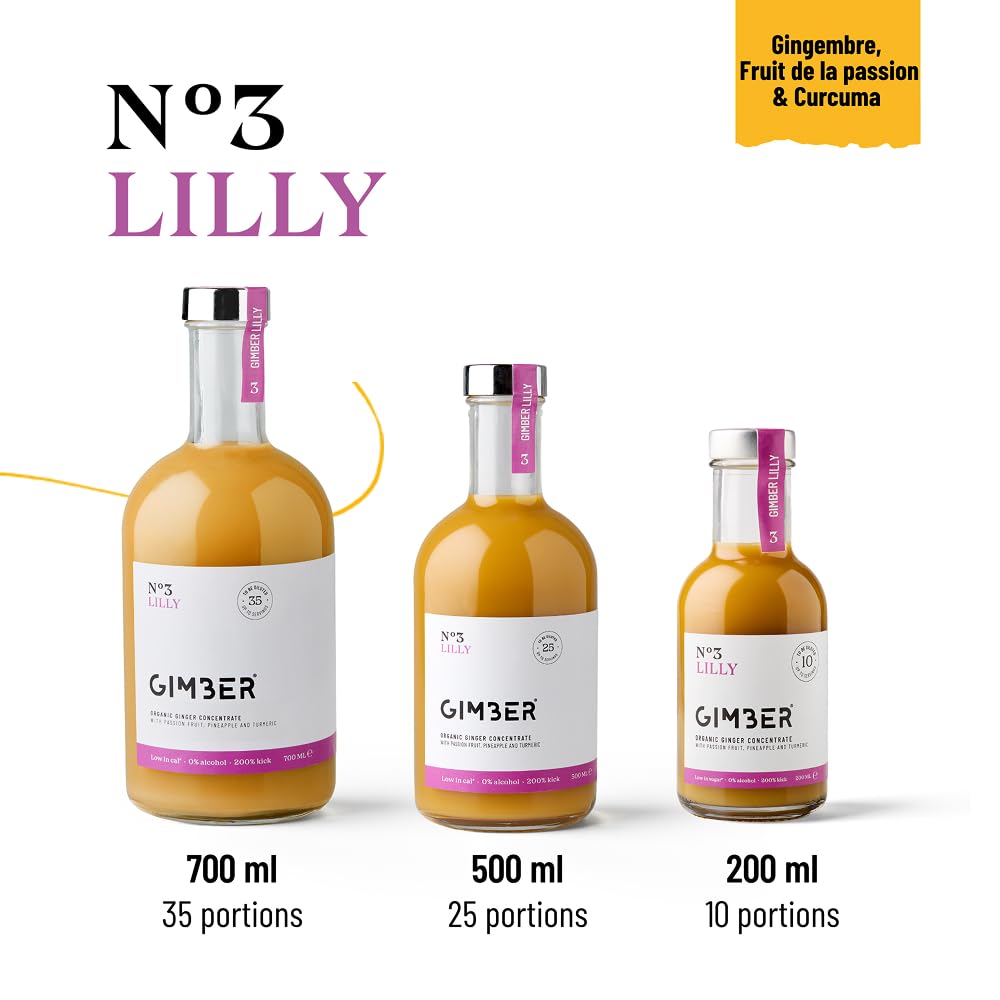 Concentré de gingembre Gimber au fruit de la passion, 100% naturel et vegan | N°3 500 ml Lilly | Concentré de gingembre bio, boisson au gingembre vegan avec fruit de la passion, ananas et curcuma