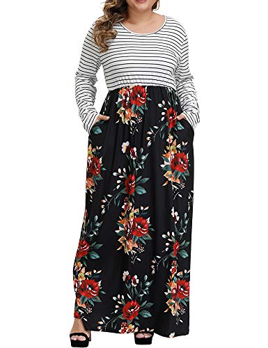 Allegrace Women Plus Size Casual Dress Floral Print Long Dresses Striped Pockets Long Sleeve Maxi Dress P73 Red Flowers Black 4X