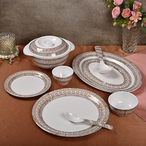 Image of Golden Fish 31 Pcs Complete Dinner Set for 6 with Rice Plate | 6 Full Plates, 6 Quarter Plates, 6 Veg Bowls, 2 Donga with Lid, 2 Serving Spoons & 6 Eating Spoons | Full Meal Serving Combo