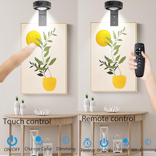 Image of 3Pcs Picture Lights for Wall, 16 Lighting Modes Magnetic Art Display Light for Paintings with Remote Control Dimmable & Timer, Wireless Wall Decor Puck Light, Black