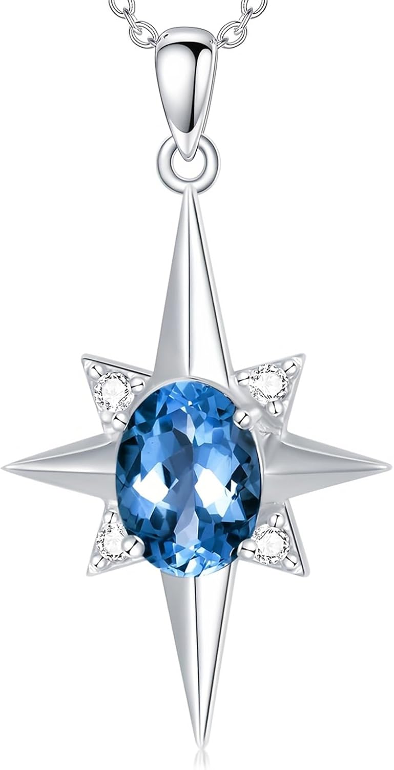North Star Necklace for Women 925 Sterling Silver Star Pendant with Birthstone Polaris Necklace for Mom Jewelry Gift for Women