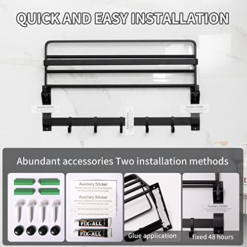 رف فوطة حمام ألومنيوم مع رف تعليق يثبت على الحائط، حامل فوط ومناشف مزدوج قابل للطي مع خطافات لا يحتاج إلى تثقيب من لوكسامج، أسود، 61 سم