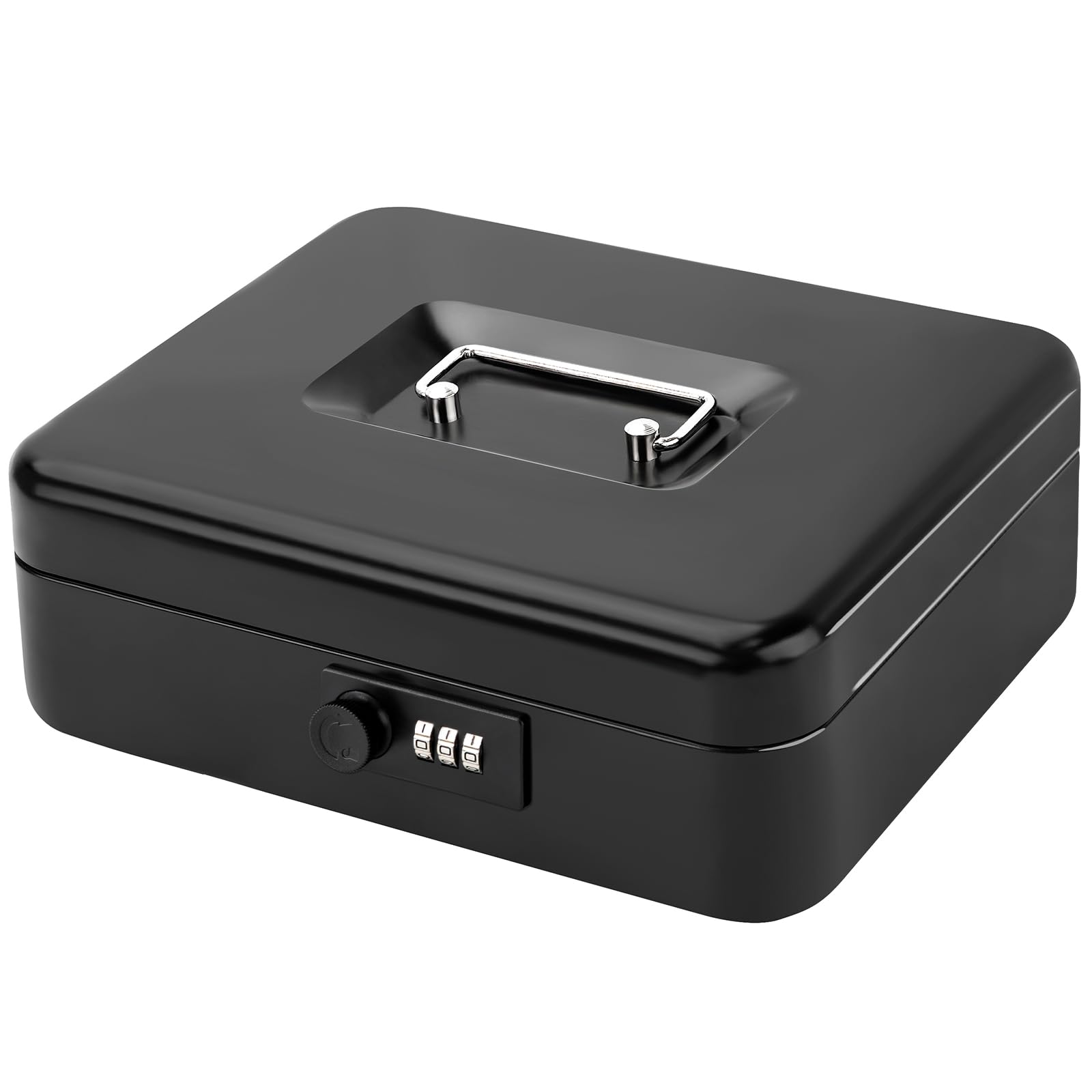 Jssmst Caja de dinero grande con cerradura de combinación, caja de metal duradera con bandeja de dinero negra (9.8 x 7.9 x 3.5), SM-CB07001L