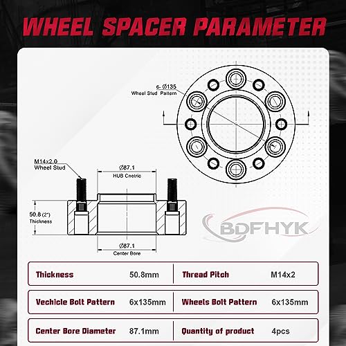 Image of BDFHYK 2 inch 6x135 Wheel Spacers 6Lug Hub Centric 6x135mm Compatible with F-150 2004-2014, Lincoln Navigator 2003-2014, Expedition 2003-2014, M14x2 87.1mm Hub Bore, Set of 4