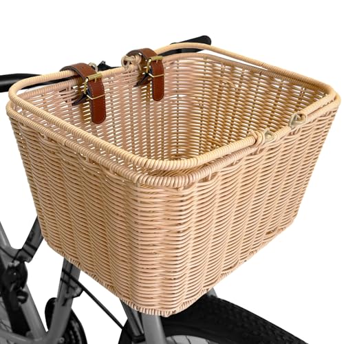 Bike Basket, Wicker Basket for Bike, Hand-Woven Bicycle Basket, Detachable Wicker Front Handlebar Bike Basket