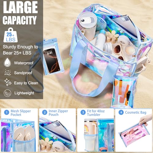 Beach Bag for Women Clear Iridescent Zipper Pool Swim Beach Tote Bag w/Makeup Bag & Waterproof Phone Pouch Summer Essentials4