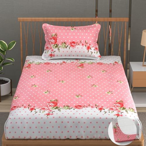 Image of Premium Heavy Cotton Elastic Fitted Bedsheets with 1 King Size Pillow Covers | Single Bed with All Around Elastic 350 TC | 36 x 78 x 6 Inch Single Size Fitted | - Pink Dot