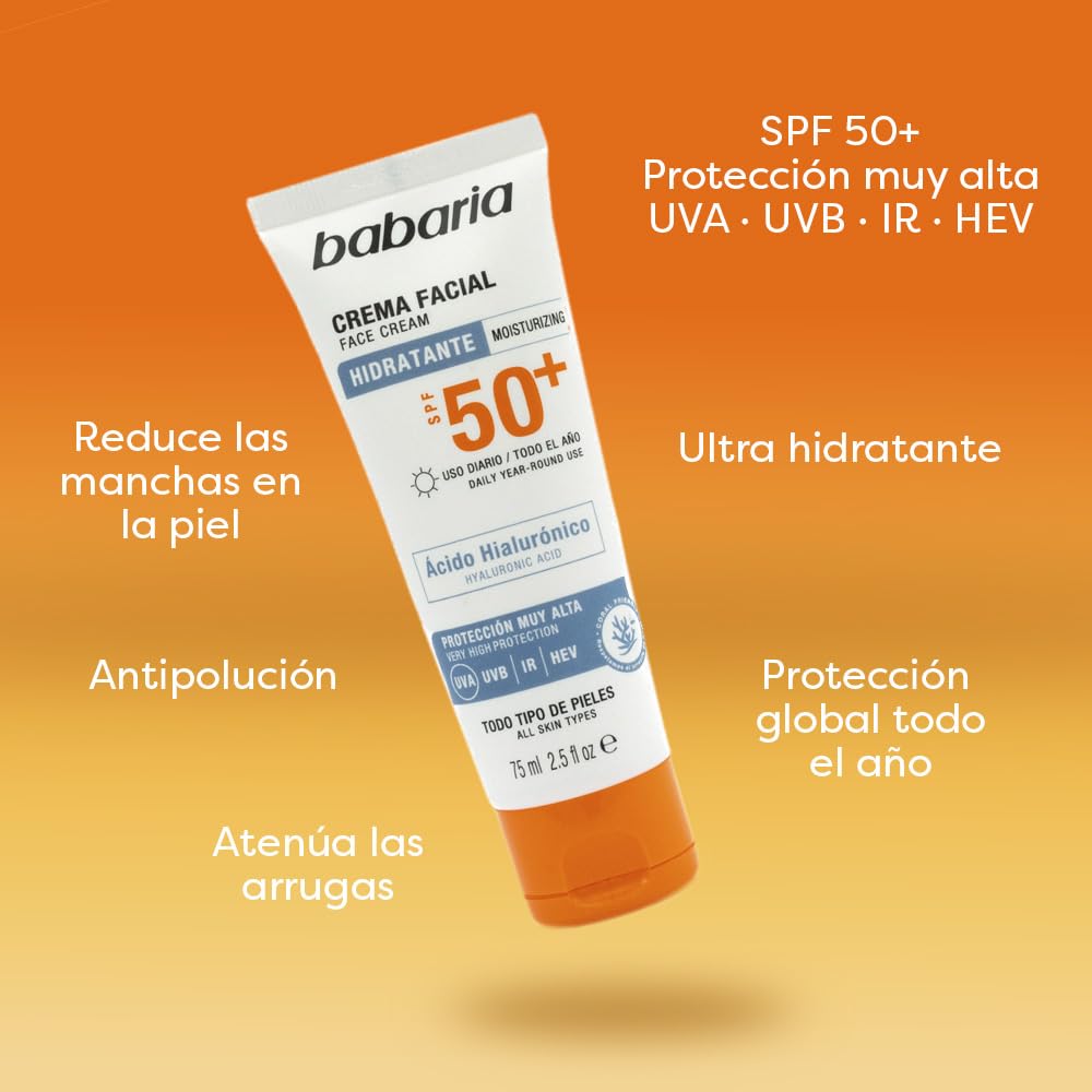 Babaria Crema Solar Facial SPF50+ con Ácido Hialurónico 75 ml – Hidratante, Antiarrugas y Antimanchas | Protector Solar 50 Facial UVA UVB e Infrarrojos