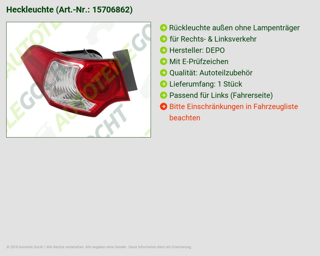 Lampa tylna od części samochodowych GOCHT