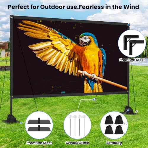 Image of 150inch Projector Screen with Stand Portable Projector Screen Outdoor Indoor Front /Rear16:9 4K HD with Carry Bag Sandbag- Movie Screen for Backyard Moive Night, Camping, Theater