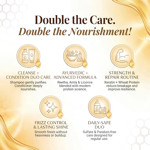 Image of Herbishh Honey Shampoo and Conditioner Combo Pack of 2 (300ml + 300ml) - Sulfate Free Hair Care Set for Dry & Frizzy Hair, Moisture Restore Formula with Keratin, Amla, Reetha & Licorice Extracts