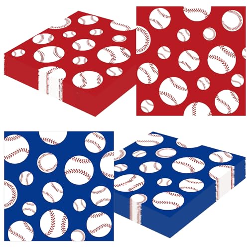 48Pcs Baseball Paper Napkins Baseball Party Decorations Luncheon Napkins Cocktail Napkins Disposable Theme Decorations Supplies for Birthday Baby Shower Party Decorations(Red and Blue)