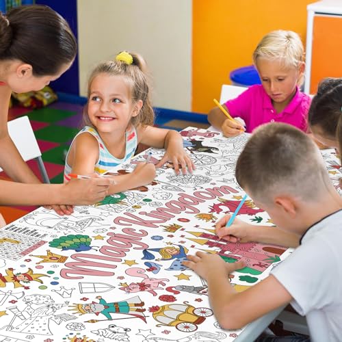 Image of Magic Kingdom Giant Coloring Poster for Kids 30 x 72 Inch, Princess Large Coloring Poster Tablecloth, Fairy Themed Color-in Activities Games for Kids School Classroom Home Party Supplies Decorations
