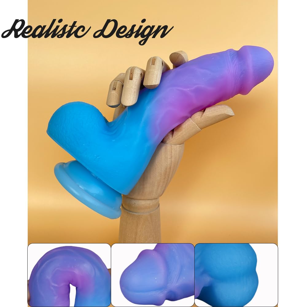 8 Inch Realistic Thick Silicone Dildo Adult Sex Toy for Women,Colorful Flexible G-spot or Anal Stimulator with Suction Cup for Hands-Free Play,1.85'' Diameter Bent Shaft Big Lifelike Penis with Balls: Blue