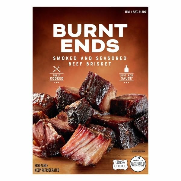 Brisket Burnt Ends , Smoked and Seasoned Beef Brisket; Fully Cooked; Just Add Sauce. Ingredients : BEEF BRISKET, WATER, SALT, BROWN SUGAR, SUGAR, MAPLE SYRUP, COFFEE, WHITE PEPPER, ONION POWDER, BLACK PEPPER, MODIFIED RICE STARCH, GARLIC POWDER, YEAST EXTRACTS, CITRUS EXTRACTS, DRIED VINEGAR. [ 1.6 lb , 27 oz ]