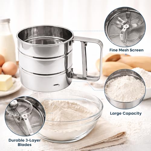 Image of Flour Sifter Stainless Steel for Baking | Atta Channi /Flour Sieve with Fine Mesh & Easy Press Handle | Powdered Sugar & Maida Sifter | Baking Flour Strainer Kitchen Tool