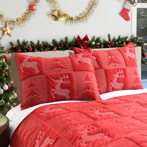 Image of Grassix Christmas Quilt Set King Size, Holiday Bedding Coverlet, Red | Tree & Reindeer Pattern, Soft Lightweight Christmas Velvet Bedspread with 2 Shams,Thin Comforter All-Season, 108 x 96 in