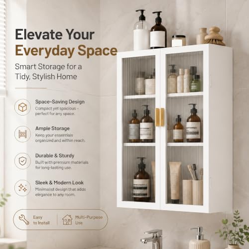 Image of Bathroom Storage Cabinet | Bathroom Accessories Set, Washroom Organiser Cabinet | 3 Layer, Space Saving Carbon Steel Shelf, White, 40 Cm, Pack of 1