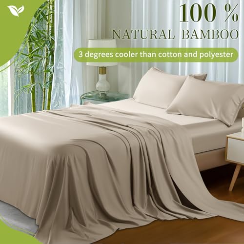 Shilucheng 100% Viscose Derived from Bamboo_ Sheets Queen Size 4pcs - Ultra Cooling & Silky Soft Bed Sheets, 16" Deep Pocket, Perfect for Hot Sleepers, Hotel Bedding Sheets (Simply Taupe)