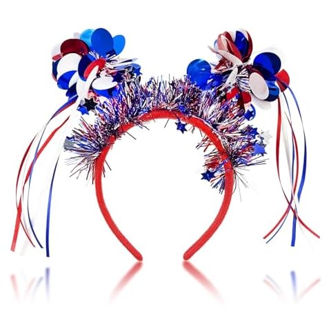 Doneace Patriotic Pom Pom Headband, 4th of July Independence Day Parade Party Headbands, Blue Red White American Flag Star Design Ribbon Hair Band, Fluffy Ball Hair Band for Women Girls Kids Cover