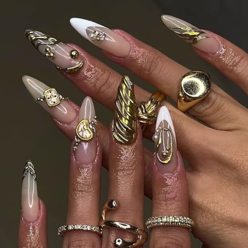 CPYGMXI and White Press On Nails with 3D Gold Heart