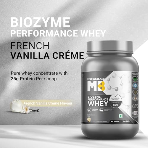 Image of MuscleBlaze Biozyme Performance Whey Protein Powder, French Vanilla Creme (1kg / 2.2lbs) | 25g Protein Per Scoop | Clinically Tested 50% Higher Protein Absorption