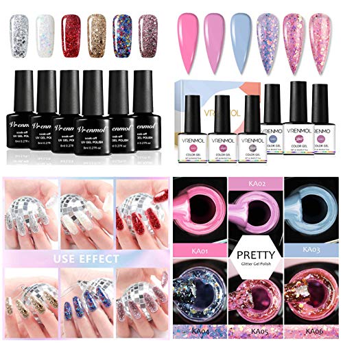Vrenmol Gel Nail Polish Set - 12PCS Glitter Gel Polish Kit Soak Off Nail Lamp Pink Purple Blue Nail Varnish Nail Art DIY at Home, 8ml with Gift Box