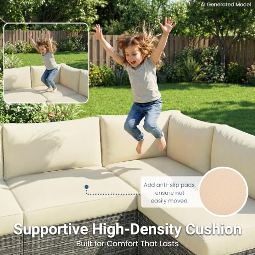 Image of Wisteria Lane 7 Pieces Outdoor Patio Furniture Set, Wicker Outdoor Patio Sectional Sofas with Coffee Table, All-Weather Patio Conversation Set for Garden Backyard, Beige