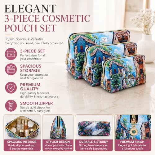 Image of NFI essentials Set of 3 Printed Cosmetic Pouch for Women, Stylish Pouches for Makeup Accessories Travel Pouch,Makeup Pouch,Vanity Case,Jewellery Pouch,Toiletry Make up Bag.