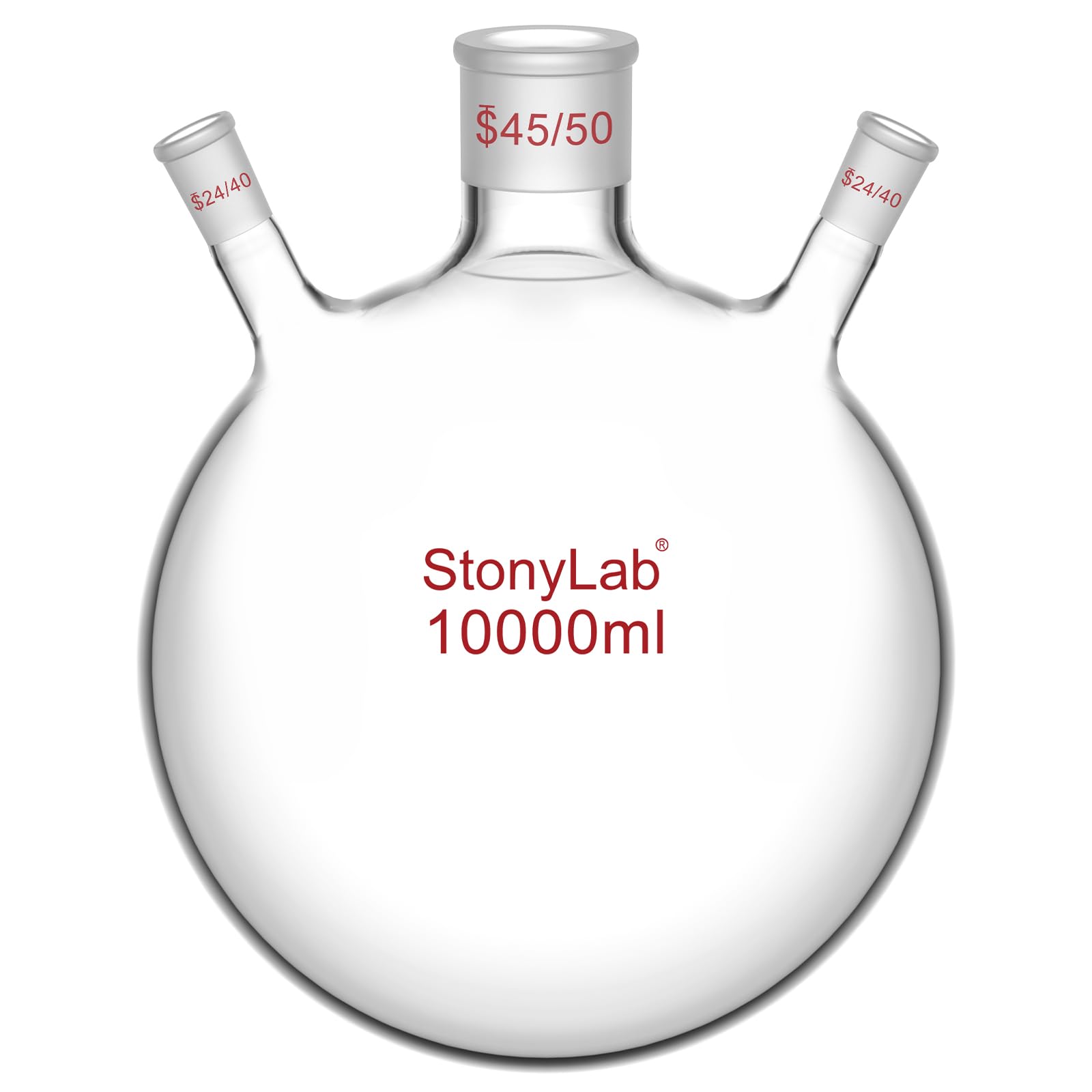 stonylab 3-Neck Round Bottom Flask RBF, 10L Large Capacity Heavy Wall Borosilicate Glass Boiling Flask with 45/50 Center and 24/40 Side Standard Taper