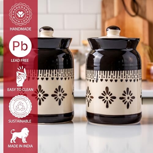 Image of Black Jhalar Ceramic Handglazed Pickle Jars Set of 1-1000 ML Each | 1 kg Achaar Martban Barni Jar with Lid | Ceramic Storage Jar Container Pickle /Achar, Chatney