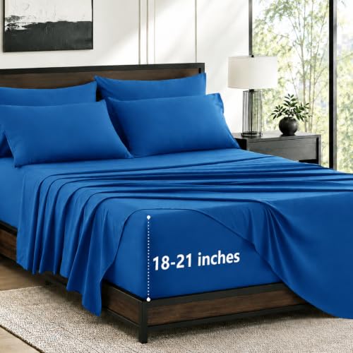 Image of CozyLux 6-Piece King Size Sheet Set, Fits 18-21 Inch Mattresses, Oeko-TEX | 4 Pillowcases, 1 Flat Sheet and 1 Fitted Sheet with All-Around Elastic and 21-Inch Deep Pocket for a Secure Fit, Classic Blue