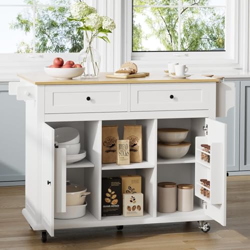 Kitchen-Island-with-Storage-and-Drop-Leaf-53-Inch-Large-Rolling-Kitchen-Island-Cart-on-Wheels-Portable-Island-Table-for-Kitchen-with-2-Open-Shelves-2-Drawers-and-2-Cabinets-White Kitchen Island with Storage and Drop Leaf 53 Inch Large Rolling Kitchen Island Cart on Wheels Portable Island Table for Kitchen with 2 Open Shelves 2 Drawers and 2 Cabinets White
